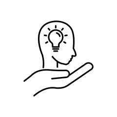 Hand line icon with head and light bulb. Concept of new idea. Idea generation process. Editable stroke. Simple illustration mobile concept and web design. Design template vector