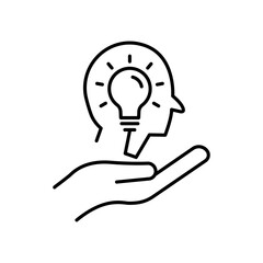 Hand line icon with head and light bulb. Concept of new idea. Idea generation process. Editable stroke. Simple illustration mobile concept and web design. Design template vector