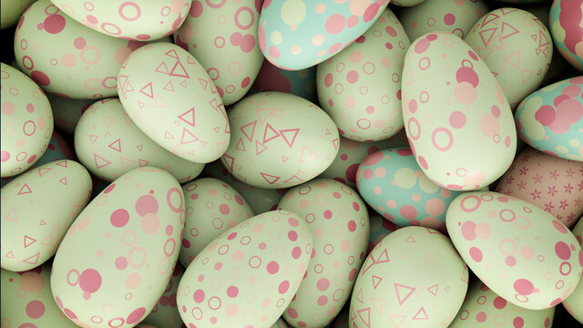 Multicolored, Easter Egg background. Beautiful Pale Green, Pale Blue and Red Eggs with Spotted and Triangle patterns. 3D Render