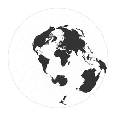 Map of the world. Airy's minimum-error azimuthal projection. Globe with latitude and longitude net. World map on meridians and parallels background. Vector illustration.