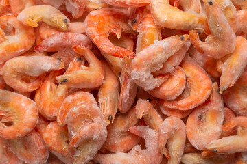Fresh shrimps in ice. Top view.