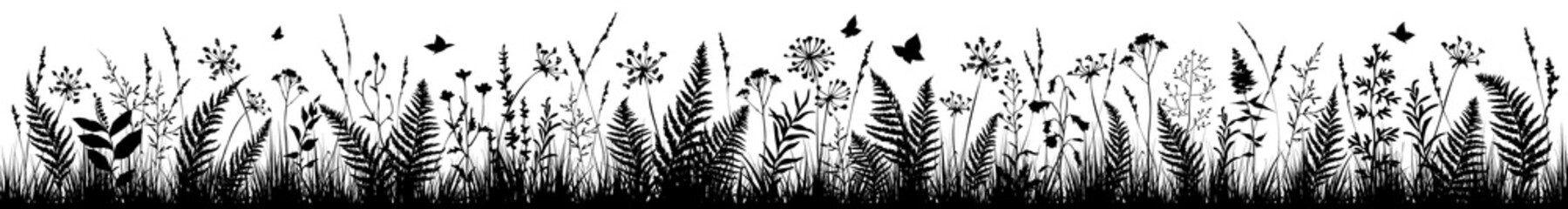 Background with black silhouettes of meadow wild herbs. Wildflowers. Floral background.