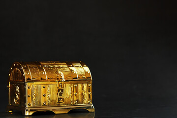 A chest made of gold with jewels on a black background.