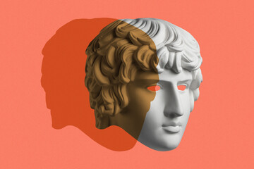 Collage with plaster antique sculpture of human face in a pop art style. Modern creative concept image with ancient statue head. Zine culture. Contemporary art poster. Funky minimalism. Retro design.