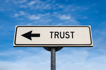 Trust road sign, arrow on blue sky background. One way blank road sign with copy space. Arrow on a pole pointing in one direction.