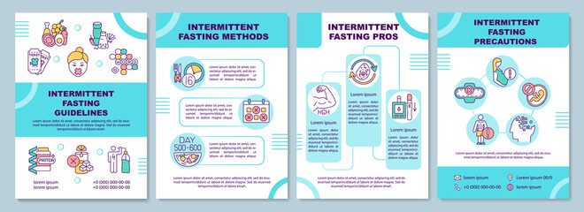 Intermittent fasting guidelines brochure template. Pros, precautions. Flyer, booklet, leaflet print, cover design with linear icons. Vector layouts for magazines, annual reports, advertising posters