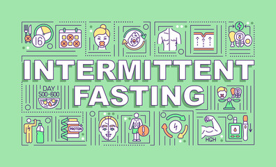 Intermittent fasting word concepts banner. Dietary plan. Healthy eating. Infographics with linear icons on green background. Isolated typography. Vector outline RGB color illustration