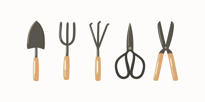Gardening tools hand drawn vector illustration set. Garden equipment - trowel, fork, cultivator, scissors, shears