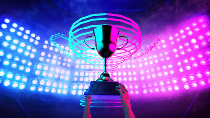 Winner 's hands raise trophy up over the head and background trophy neon light decorate with blue and violet spotlight in the stadium for e-sport winner event.3D rendering © athitat