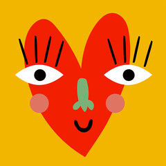 Cute red heart with big eyes, lashes, nose and smile. Ideal for textile design, socks, dresses, pattern, postcard on saint valentine's day, embroidery.