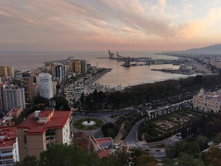 Aerial view of the port and the city of malaga in spain at sunset