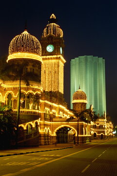 The Sultan Abdul Samad building dating from 1894, illuminated at night in Merdeka Square in the city of Kuala Lumpur