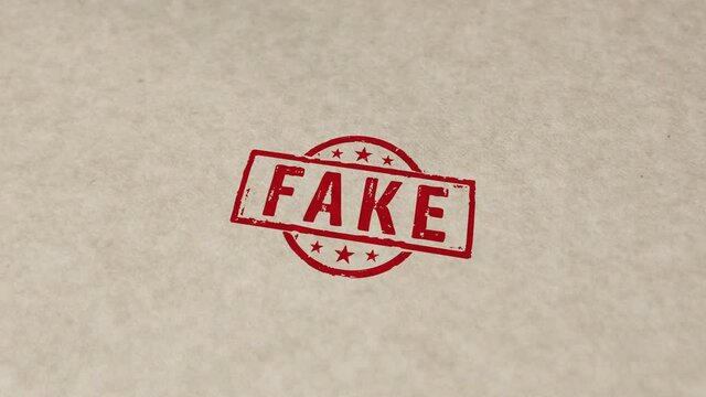 Fake stamp and hand stamping impact animation. Fraud, imitation and fake news 3D rendered concept.