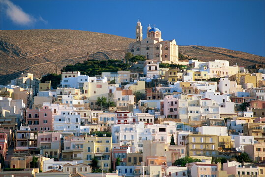 City skyline and church of Anastasis, Ermoupolis City, Syros, Cyclades, Greek Islands, Greece