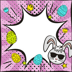 Fototapeta premium Popart banner with painted eggs and rabbit for Easter. White explosion frame on Bright lilac background. Template for design, banners, coupons, applications and posters. Cartoon Vector illustration.