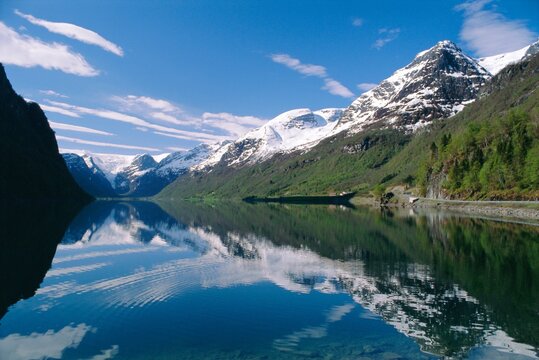 Tranquil scene near Olden, Oldevatnet Lake, Western Fjords, Norway
