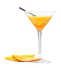 Glass of margarita with mango on white background