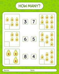 How many counting game with avocado worksheet for preschool kids, kids activity sheet, printable worksheet
