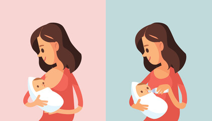 Vector. Pretty young woman, mom, mother feeding newborn baby holding him in her arms. Pregnant woman.Vector illustration. Flat design. Mom nursing baby. Nursery interior. Mother breast feeding baby.