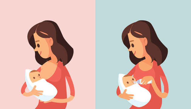 Vector. Pretty young woman, mom, mother feeding newborn baby holding him in her arms. Pregnant woman.Vector illustration. Flat design. Mom nursing baby. Nursery interior. Mother breast feeding baby.