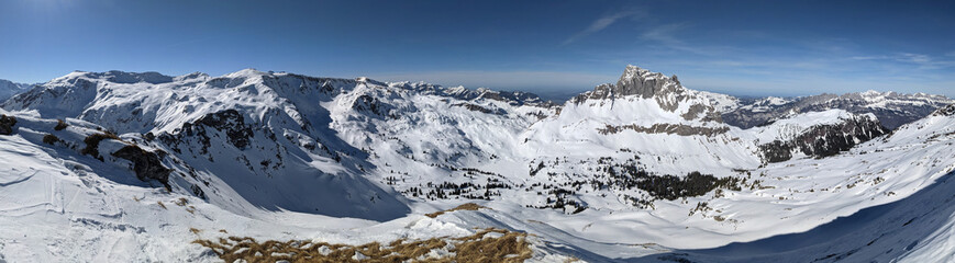 Beautiful ski tour in the Glarus region with a breathtaking view of the snow-covered mountains. Skimo, mountaineering