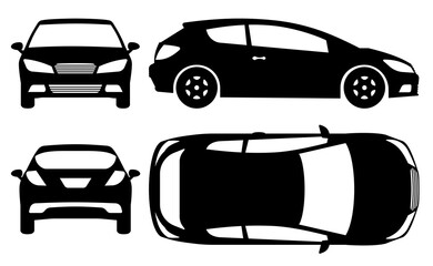 Hatchback car silhouette on white background. Vehicle icons set view from side, front, back, and top