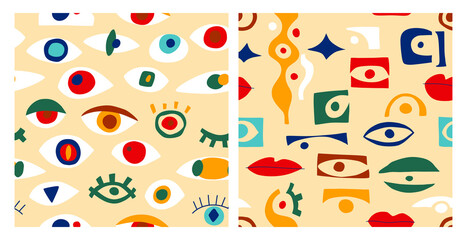 Eye abstract pattern set, geometric shapes in contemporary style.Vector greek seamless pattern with look, eyes in modern collage style. Abstract hand drawn shapes.Colorful trendy background collection