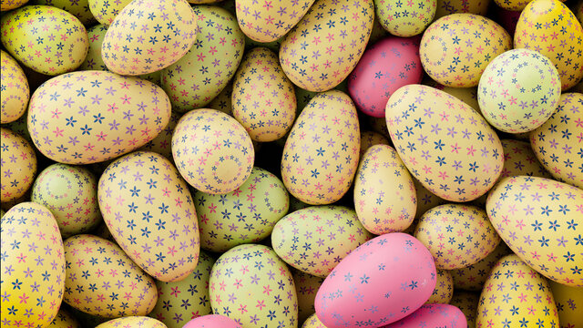 Multicolored, Easter Egg background. Beautiful Yellow, Pink and Blue Eggs with Floral patterns. 3D Render
