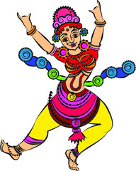 Kalamkari Indian traditional art on linen fabrics. Gopika or Lord's lady servants are drawn in different backgrounds. for textile printing, logo, wallpaper