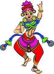 Kalamkari Indian traditional art on linen fabrics. Gopika or Lord's lady servants are drawn in different backgrounds. for textile printing, logo, wallpaper