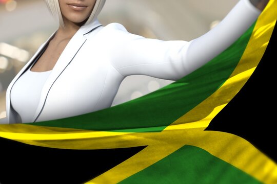 sexy business woman holds Jamaica flag in front on the mall background - flag concept 3d illustration