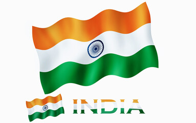 India flag illustration with fabric texture with INDIA text with White space. Indian emblem flag icon with text for copy space