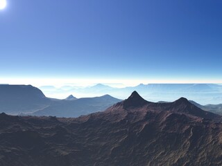 Fototapeta premium Illustration of a beautiful and inspirational landscape with mountains, blue sky, and water