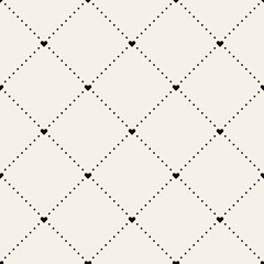 Vector seamless pattern. Modern simple diamonds texture. Repeating geometric tiles with dotted rhombuses. Valentine's print with hearts in nodes.