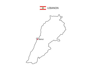 Hand draw thin black line vector of Lebanon Map with capital city Beirut on white background.