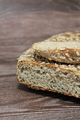 Homemade bread with grains, bread baked in a mold, sunflower seeds and pumpkin seeds, fresh bread