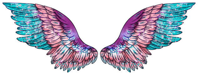 Beautiful magic bright pink blue wings, raster