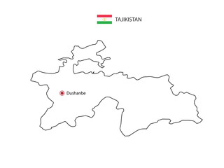 Hand draw thin black line vector of Tajikistan Map with capital city Dushanbe on white background.