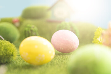 Easter egg outside in grass with evening sun from behind