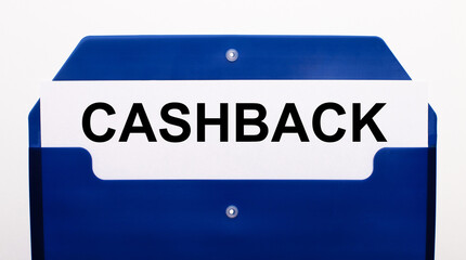 On a white background, a blue folder for papers. In the folder is a sheet of paper with the word CASHBACK