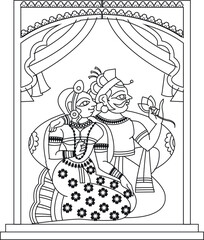King and queen in royal palace were drawn in Indian folk art, Kalamkari style. for textile printing, logo, wallpaper