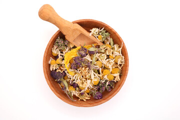 Various kinds of herbal tea. Natural herbs medicine. Top view. Herbal harvest collection and...