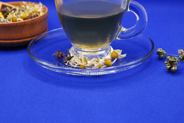 Tea with honey. Herbal harvest collection and bouquets of wild herbs. Alternative medicine. Natural...