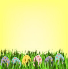 Empty easter card with eggs in pastel colors. Few ornamental egg lying on green grass. Holiday vector design on yellow background. Great for happy easter concept.