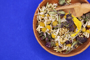 Various kinds of herbal tea. Natural herbs medicine. Top view. Herbal harvest collection and...