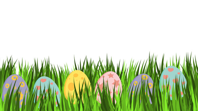 Empty easter card with eggs in pastel colors. Great for banner or invitation template.  Few ornamental egg lying on green grass. Holiday vector design on white background.