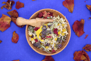 Various kinds of herbal tea. Natural herbs medicine. Top view. Herbal harvest collection and...