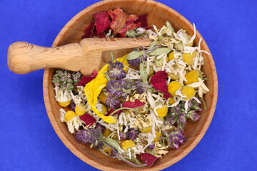 Various kinds of herbal tea. Natural herbs medicine. Top view. Herbal harvest collection and...