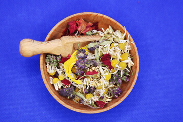 Various kinds of herbal tea. Natural herbs medicine. Top view. Herbal harvest collection and...