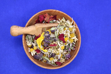 Various kinds of herbal tea. Natural herbs medicine. Top view. Herbal harvest collection and...